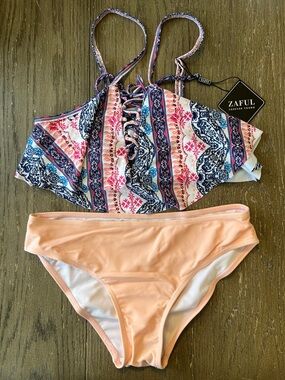 Zaful Paisley Lace-Up Bikini Top with Peach Bottoms
